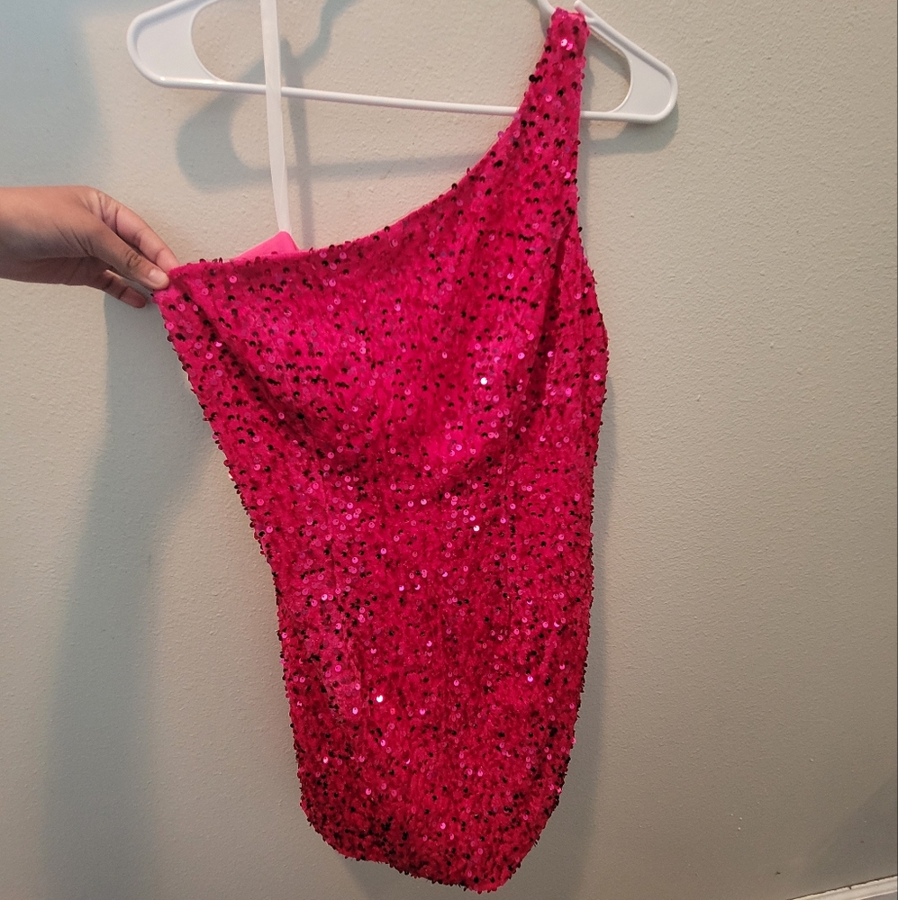 Pink One Shoulder Backless Sequin Dress